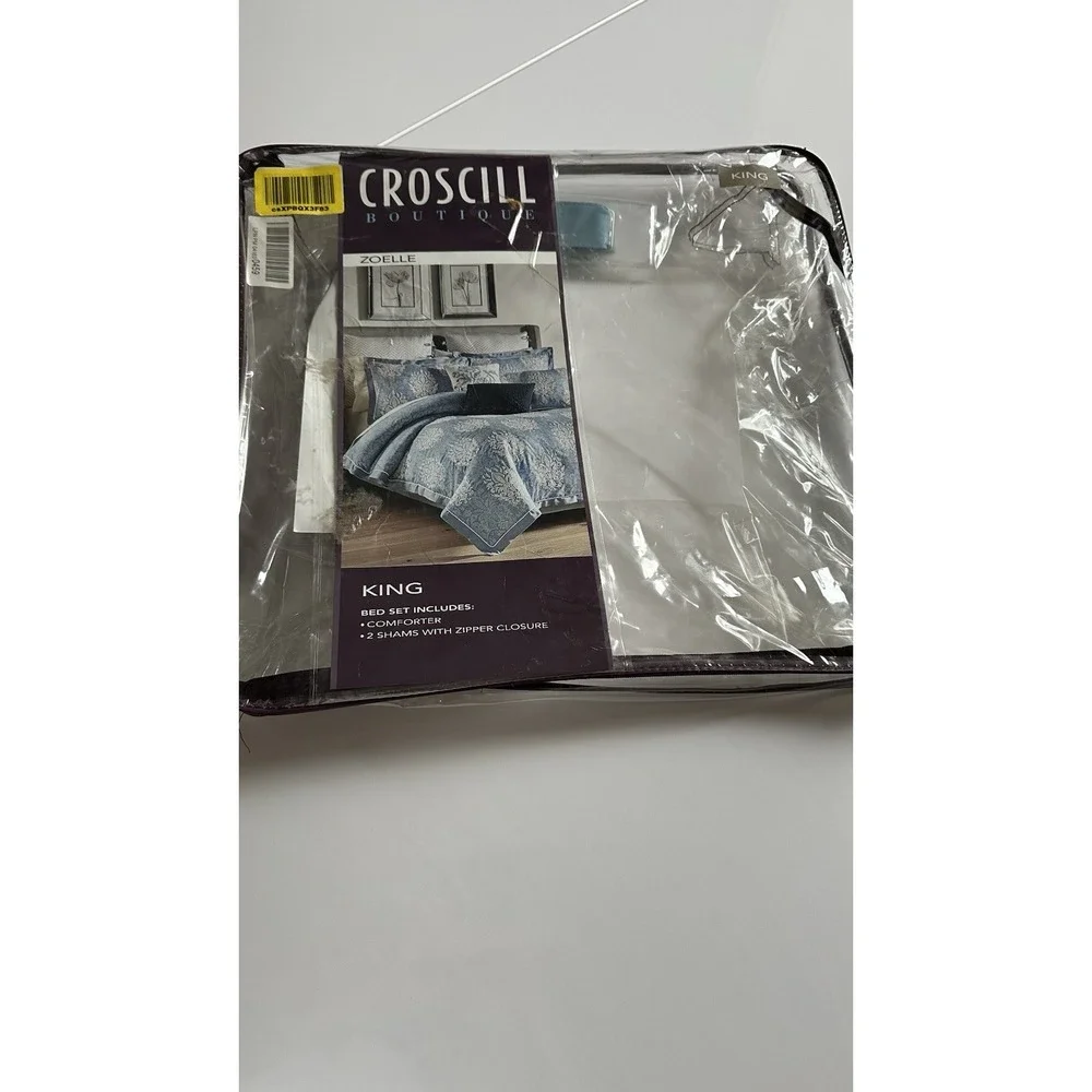 Croscill Zoelle King Comforter & 2 Pillow Shams 3 Pc Set Blue Embroidered Cotton
